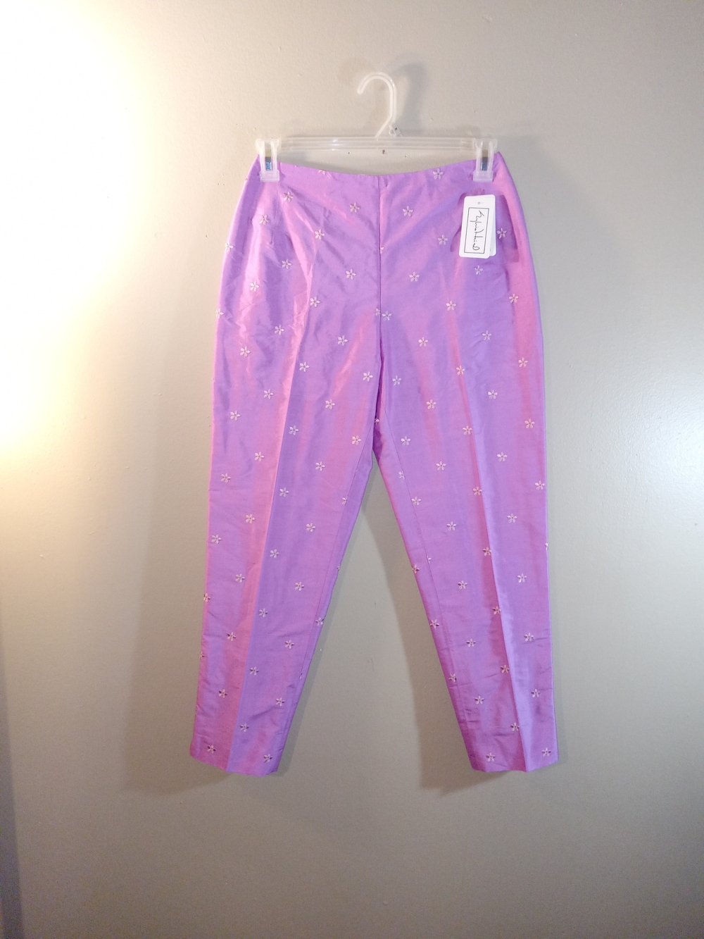 Sylvia Heisel Lavender Pink Silk Embroidered Straight-Leg Pants